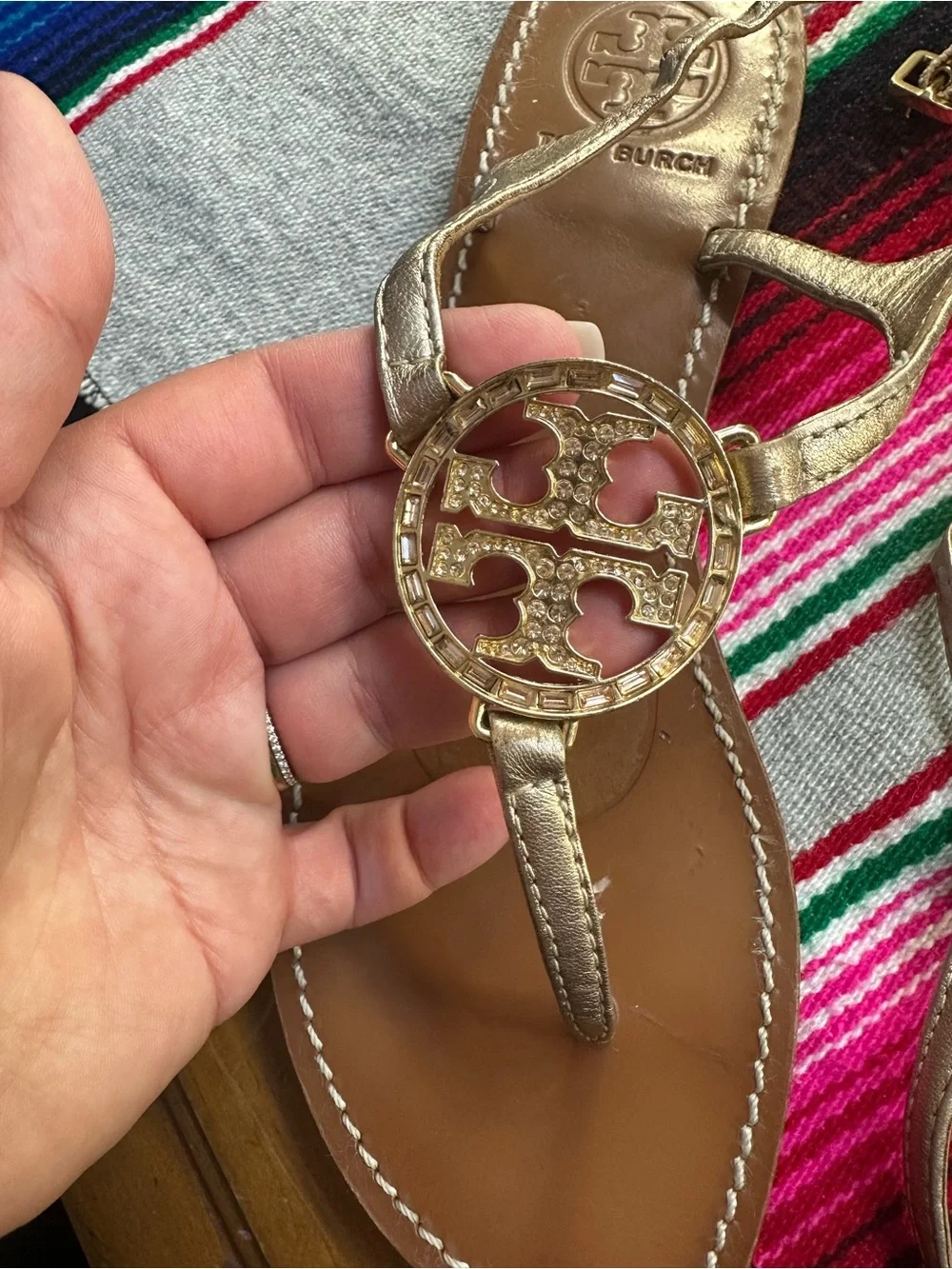 Tory Burch Gold Leather Logo Thong Sandals